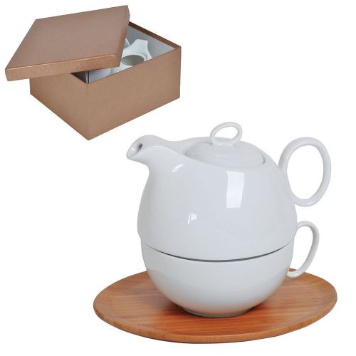 Набор  "Мила": чайник и чайная пара в подарочной упаковке (коричневый, белый)